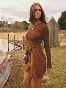 Aralina Women's Solid Color Round Neck Long Sleeve Pleated Casual Mini Dress - Mocha Brown - View 2