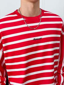 ESTAVOR 男士休闲通勤字母刺绣条纹落肩长袖T恤 - 紅色 - 查看 5