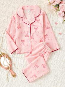 2 pezzi Set pigiama da ragazza con pantaloni larghi e top a maniche lunghe, con ricamo di ciliegie, casual e carino - Rosa - Visualizzare 10