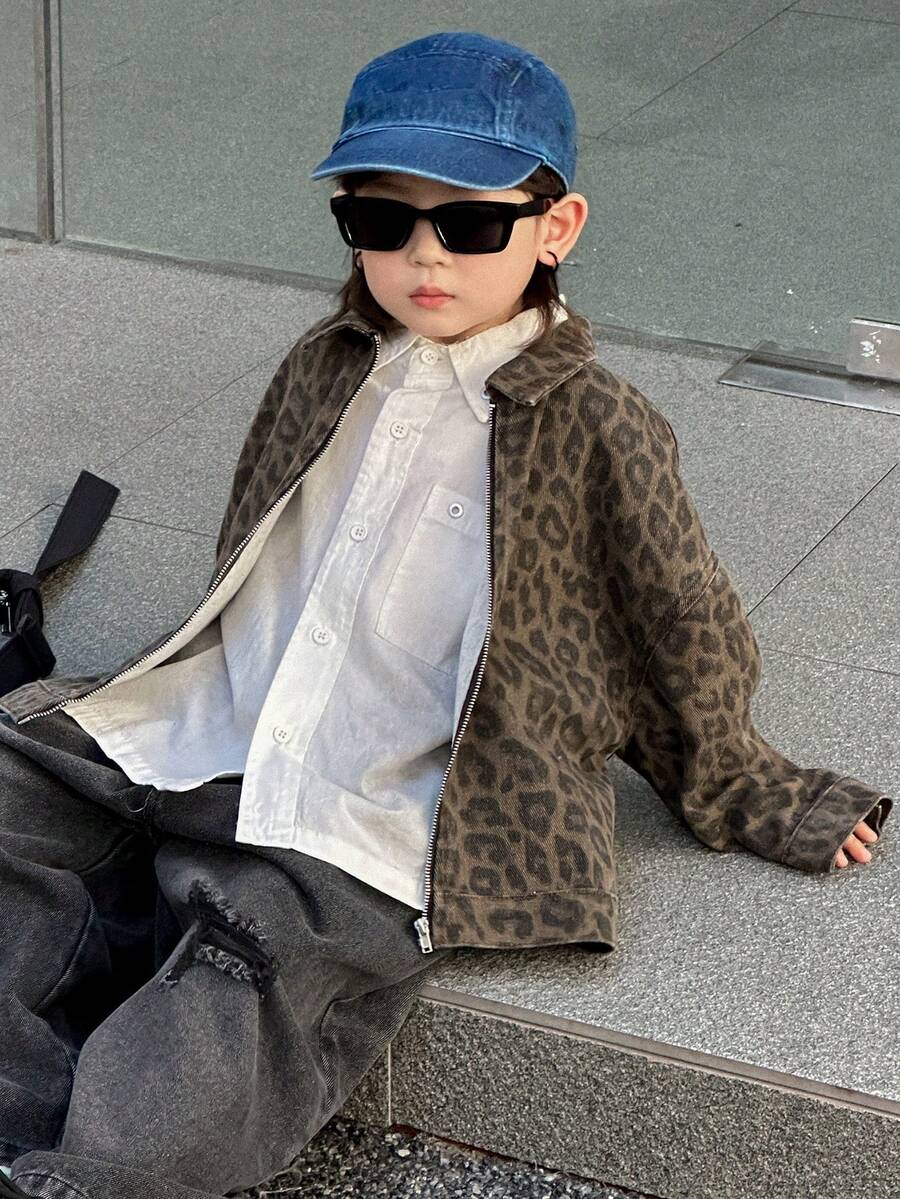 DAZY 男童豹纹落肩拉链牛仔外套，秋季款