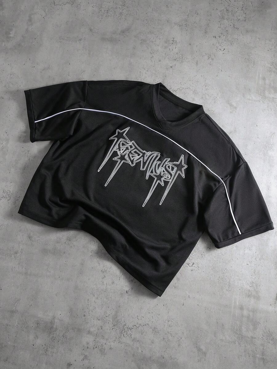 PAVTROS 男士字母五角星印花休闲宽松短袖T恤，街头风，朋友装，情侣装，宽松版型，男士，图案，日系，男女通用，我爱我的女朋友 - 黑色 - 查看 1