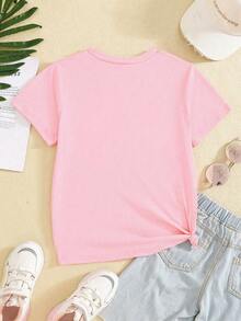 Sparklyn Tween Girl Pink Round Neck Short Sleeve Graphic Tee, Young Girl Casual Comfortable Fashion Minimalist Cartoon, Funny, Celebrity, Anime, K-POP Style Letter Print Graphic T-Shirt