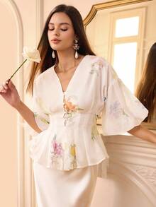 Revavyn Áo cánh tay phồng in hoa Organza dành cho nữ - trắng - Xem 3