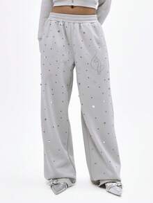 BABYPHAT Pantalones de chándal acampanados con cintura elástica, adornados con cristales de strass, para usar cómodamente en otoño e invierno - Gris Claro - Ver 3