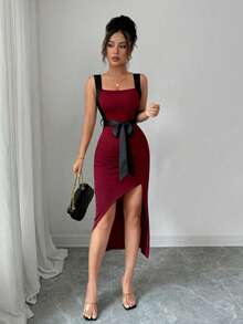 Rafferiza 不对称修身蝴蝶结通勤简约风格连衣裙，女士，春夏款 - 酒紅色 - 查看 4