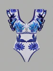 Swim Oasis Women's Floral Print Ruffled Sleeve One Piece Swimsuit With Coverup Skirt, Suitable For Spring/Summer Vacation - Blue and White - View 6
