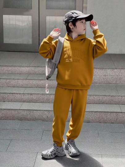 Mirajuku 2pcs/Set Boys Casual Hooded Sweatshirt And Sweatpants Knit Set, Autumn/Winter