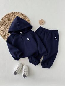 Baby Boy Casual Cute Versatile Blue Knit Hoodie Sweatshirt And Elastic Waist Pants Set - Navy Blue - View 7