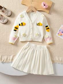 SHEIN Playful Pals 女童休閒時尚可愛白色花朵蜜蜂針織開襟衫與百褶裙兩件套，柔軟舒適，適合日常、旅行、度假、居家、幼兒園場景，適用秋冬、聖誕、開學、派對，百搭春秋女孩套裝 - 白色 - 查看 9