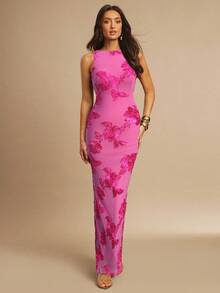 Silquee Đầm suông cổ tròn không tay họa tiết hoa 3D thanh lịch, tối giản, gợi cảm - Màu Hồng Tươi - Xem 4