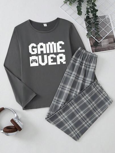 2pcs Teenage Boys' Casual Crew Neck Long Sleeve "Game Over" Graphic Print Sweatshirt And Plaid Loose Fit Pants Pajama Set, Soft Knit Fabric