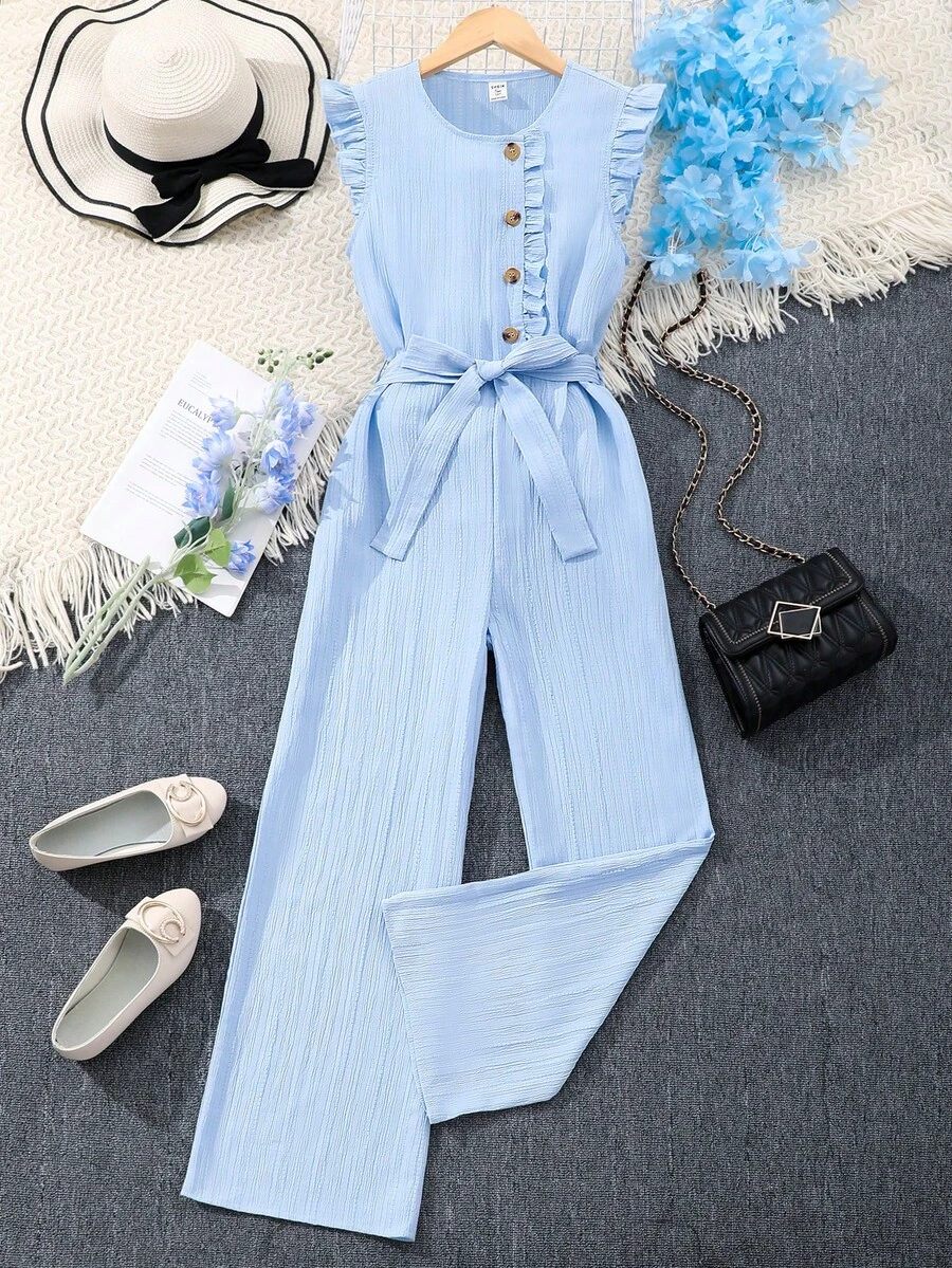 SHEIN Teen Girl Solid Color Round Neck Cap Sleeve Button Design Wide Leg Casual Jumpsuit - Blue - View 1
