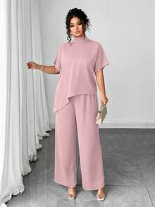 Elenzga Bộ 2 món áo cổ lọ tay ngắn viền bất đối xứng thời trang thường ngày cỡ lớn cho nữ + quần ống rộng trơn - Bụi hồng - Xem 6