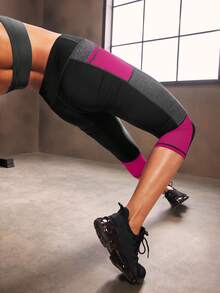Powerista Quần legging tập luyện Colorblock dài đến bắp chân, co giãn cao, kiểm soát bụng, có túi bên hông và quần tập yoga lưới tương phản dành cho nữ - Màu đỏ tím - Xem 2