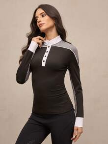Activina Women's Contrast Button Half-Placket Long Sleeve Equestrian Top Equestrian Clothing Horseback Riding Outfit Women's Polo Sport Shirts For Women Equestrian Tops For Women - Black and White - View 3