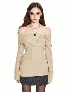 ROMWE Y2K风格露肩罗纹针织毛衣，腰部收紧 - 咖啡棕 - 查看 8