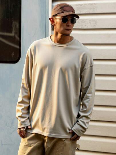 DAZY Beige Round Neck Long Sleeve Casual Loose T-Shirt For Men, Autumn