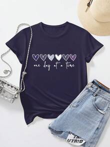 EMERY ROSE Heart & Letter Slogan Round Neck Short Sleeve Fashionable Women T-Shirt - Navy Blue - View 3