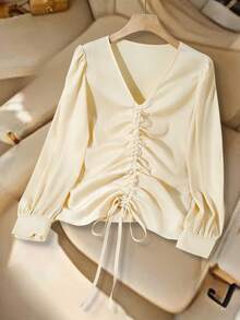 GlowEve Champagne V-Neck Long Sleeve Tie-Front Elegant Blouse For Women - Champagne - View 1