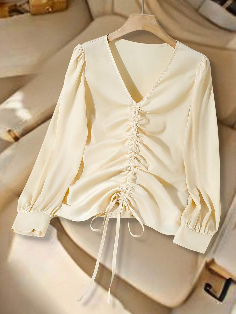 GlowEve Champagne V-Neck Long Sleeve Tie-Front Elegant Blouse For Women - Champagne - View 1
