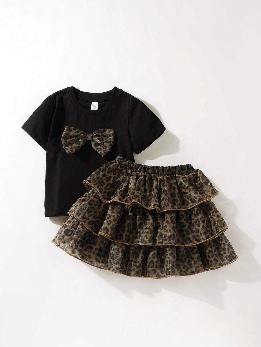 Maija Kids 女童黑色拼接豹纹短袖T恤和休闲裙套装 - 黑色 - 查看 1