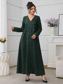 Al Najma Green Lace Trim Casual Everyday Arabic Style Dress For Women - Dark Green - View 8
