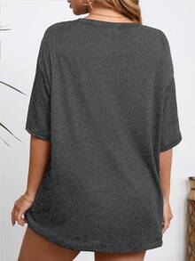 EMERY ROSE Plus Size Women Cat Print Loose Fit Short Sleeve T-Shirt, Suitable For Everyday Wear - Light Grey - View 2