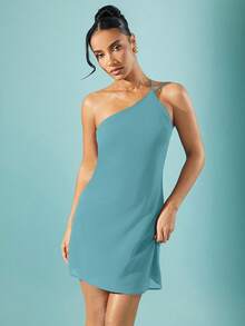 Hauture Vestido mini de gasa con un solo hombro, drapeado y espalda abierta - Azul - Ver 2