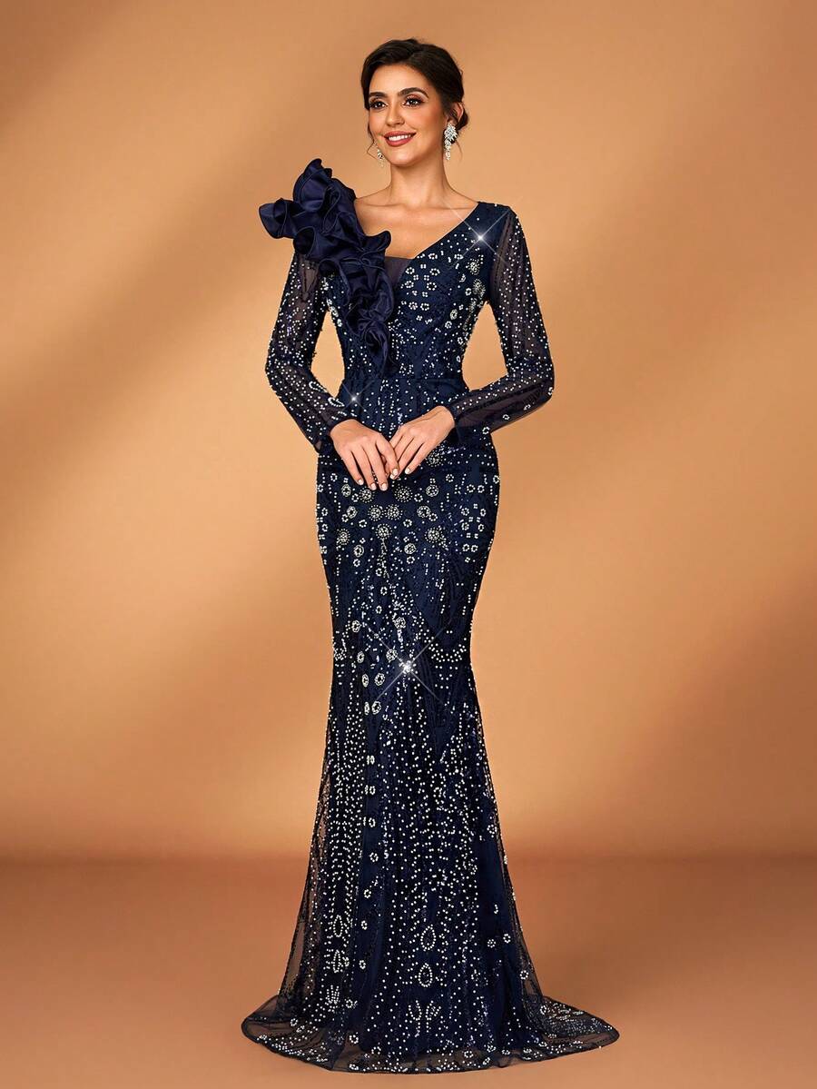 Serin Elegant Navy Blue Sequin Maxi Mother Of The Bride Dress With Long Sleeves And Ruffle V Neck For Special Occasions