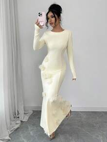 SHEIN Raffinéa 长袖花卉连衣裙，饰有3D羽毛，优雅长袖浅黄色连衣裙 - 鵝黃色 - 查看 5