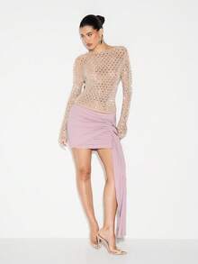 KIZN Slinky Metal Trim Drape Mini Skirt With Asymmetric Ruched Detail And Side Tie Bodycon Fit For Party Occasions - Violet Purple - View 1