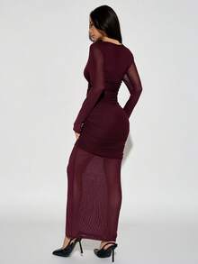 SHEIN PETITE Women's Elegant Burgundy Autumn Evening Dress,Solid Color Round Neck Long Sleeve Pleated Mesh Slim Fit Tight Long Formal Dress For Birthday Party ,Petite Women - Burgundy - View 4