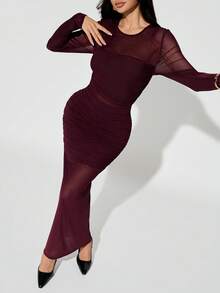 SHEIN PETITE Women's Elegant Burgundy Autumn Evening Dress,Solid Color Round Neck Long Sleeve Pleated Mesh Slim Fit Tight Long Formal Dress For Birthday Party ,Petite Women - Burgundy - View 7