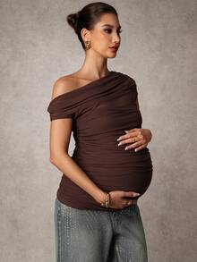 MaterniChic Maternity Clothes Maternity  Tops Summer Pregnant Clothes Brown Off-Shoulder T-Shirt With Mesh Ruching For An Elegant Party Look