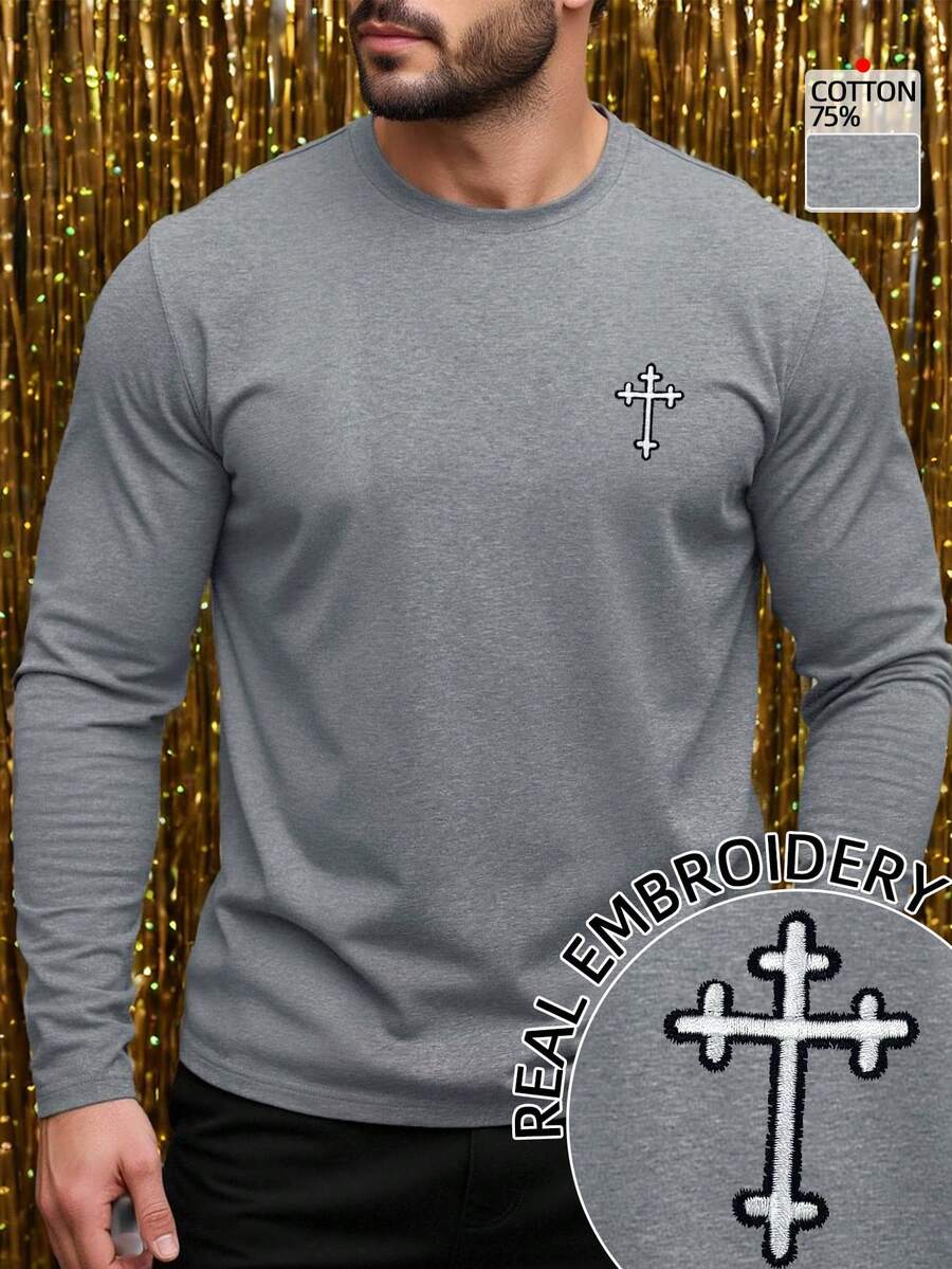 Manfinity Dauomo Cross Embroidery Men's Long Sleeve T-Shirt - 75%Cotton, High Quality Clothing TrendyT-Shirt , Heavy Cotton T Shirt , Cotton Shirts, Embroidery Tees, Machine Washable,Ideal For Men's Casual Tops,Suitable For Family Outfits,Couple Matching - Grey - View 1