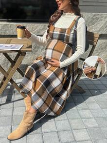 SHEIN 卡其色格纹收腰A字孕妇中长连衣裙 - 彩色 - 查看 7