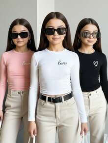 三件套时尚休闲简约少女束腰长袖圆领上衣，适合秋冬季节，黑色、白色、粉色长袖上衣 - 彩色 - 查看 1