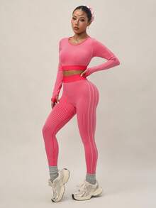Sovereign Charm Seamless High Elasticity Rib Knit Women Sports Fitness Running Yoga Set Sexy Workout Clothes - Red - View 7
