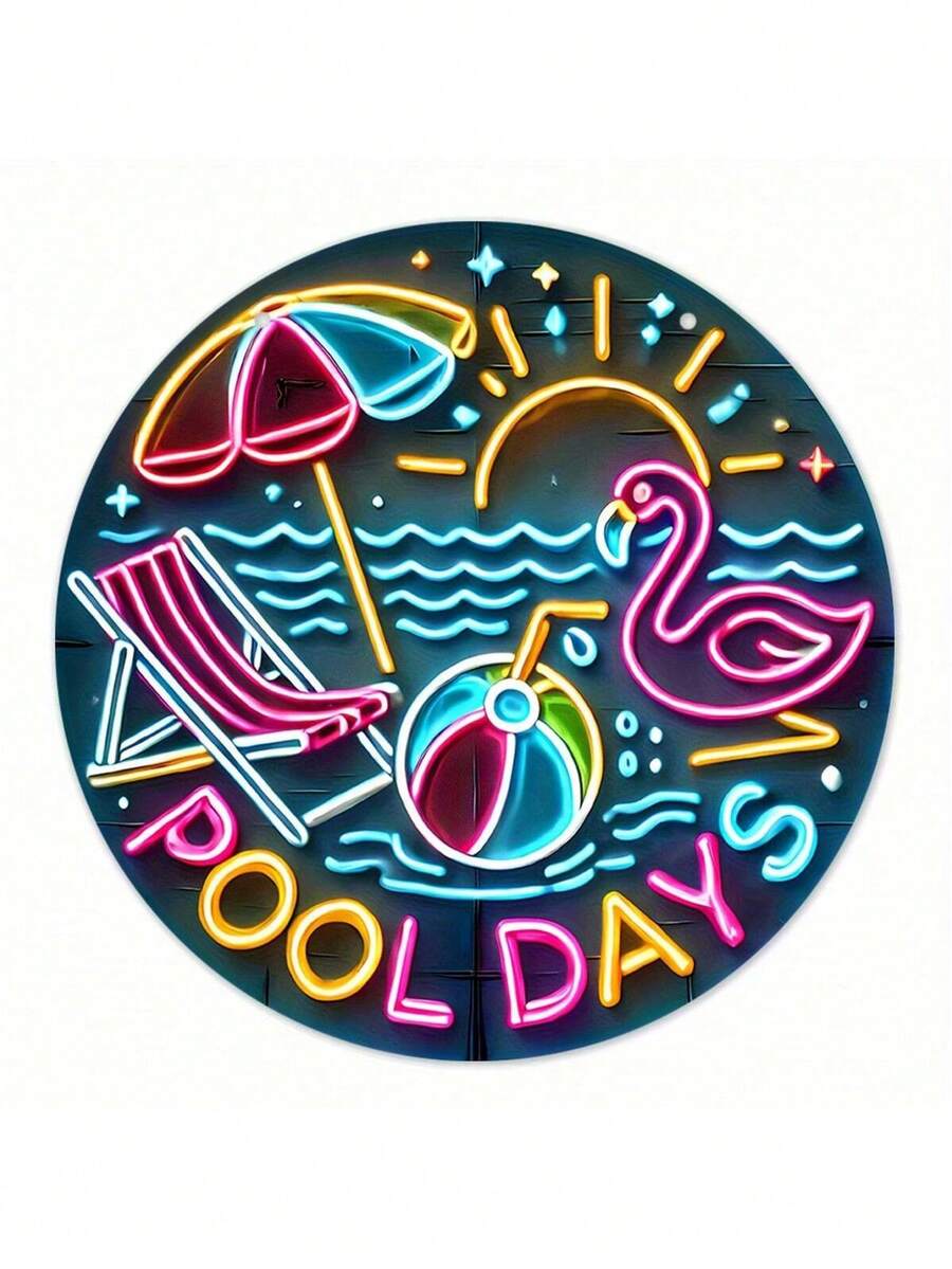 No Electricity Required! 1pc Retro Neon Flamingo Pool Party Metal Sign, 8x8 Inches, Wall Mounted, Rust-Proof, Pre-Drilled For Easy Installation, Versatile For Home, Garage, Cafe, Club Decoration, Ideal Gift - English Text, Pre-Drilled Holes, Random Style - Multicolor - View 1