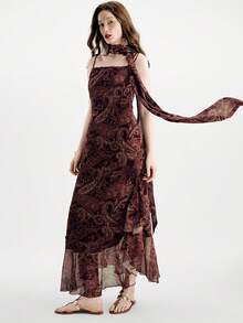 Aveloria Modichic Bohemian Style Spaghetti Strap Sleeveless Layered Hem Dress With Random Cashew Flower Print - Multicolor - View 4