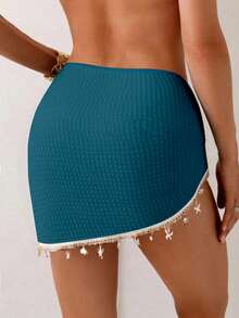 Swim Lushoire Women's Summer Beach Vacation Drawstring Ruched Starfish Shell Tassel Solid Color Special Texture Fabric Split Hem Skirt - Blue - View 2