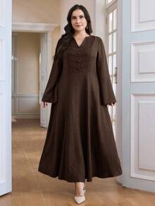 Al Najma Plus Size Women Elegant Solid Color Notched Neck Arabic Style Dress - Camel - View 3