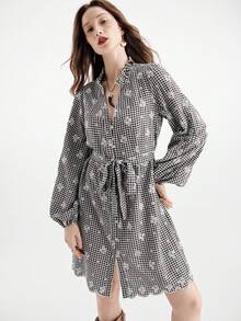 Aveloria Modichic New French Luxury Embroidered Ruffle V-Neck Belted Dress, Winter - Multicolor - View 1