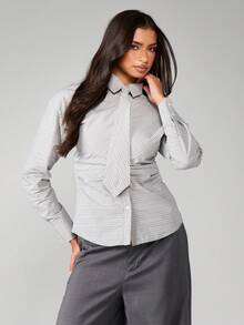 MISSGUIDED Women Long Sleeve Button Up Check Pattern Tie Front Collared Blouse Office Business Shirt With Waist Detail Fall Winter Professional Work Top - Grey - View 1