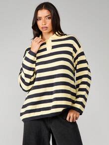 MISSGUIDED Áo polo dệt kim sọc ngang cỡ lớn dành cho bóng bầu dục có cổ và tay dài, thích hợp mặc nhiều lớp vào mùa thu đông - Nhiều màu - Xem 1