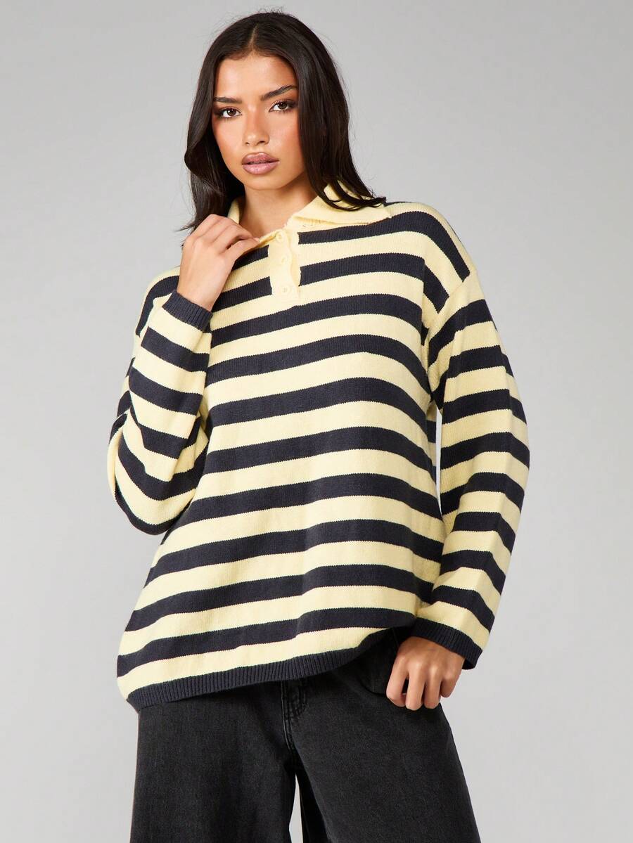 MISSGUIDED Áo polo dệt kim sọc ngang cỡ lớn dành cho bóng bầu dục có cổ và tay dài, thích hợp mặc nhiều lớp vào mùa thu đông - Nhiều màu - Xem 1
