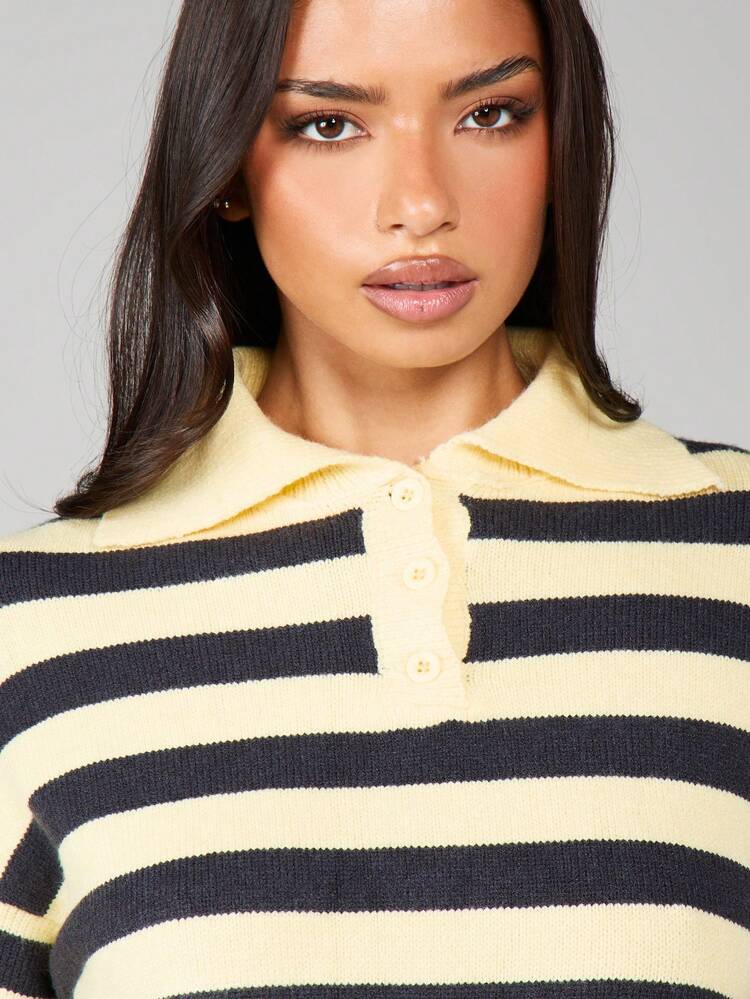 MISSGUIDED Oversized Horizontal Striped Knit Rugby Polo Top With Collared Neckline And Long Sleeves For Casual Fall Winter Layering