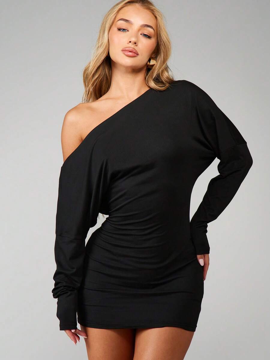 MISSGUIDED Long Sleeve Off Shoulder Ruched Bodycon Mini Dress One Shoulder Asymmetric Evening Party Fall Winter - Black - View 1