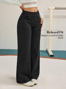 Pantalones vaqueros de pierna ancha, estilo casual deportivo, con elástico para mujer - Negro - Ver 9