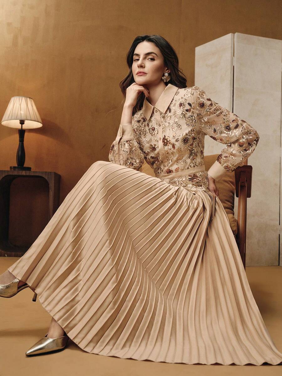 Anewsta Váy lưới thêu hoa màu sâm panh thanh lịch, tay dài, thiết kế xếp ly, phù hợp cho các bữa tiệc, hẹn hò, nghỉ dưỡng, xuân/hè - Rượu sâm banh - Xem 1